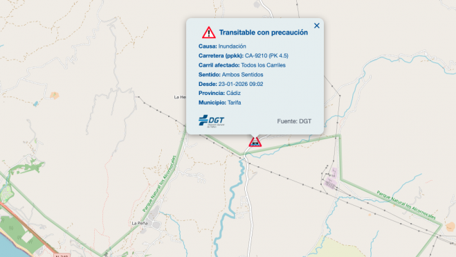 Captura de Pantalla de la CA-9210 de Tarifa, afectada por la lluvia de esta madrugada Captura de Pantalla de la CA-9210 de Tarifa, afectada por la lluvia de esta madrugada