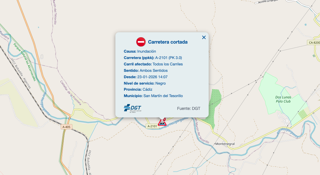 Cortada la carretera CA-513 de Tesorillo por inundación 