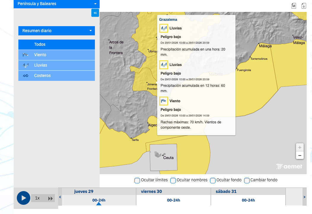 La Aemet actualiza la alerta: Jimena y Tesorillo pasan de aviso naranja a amarillo por lluvias y viento. 