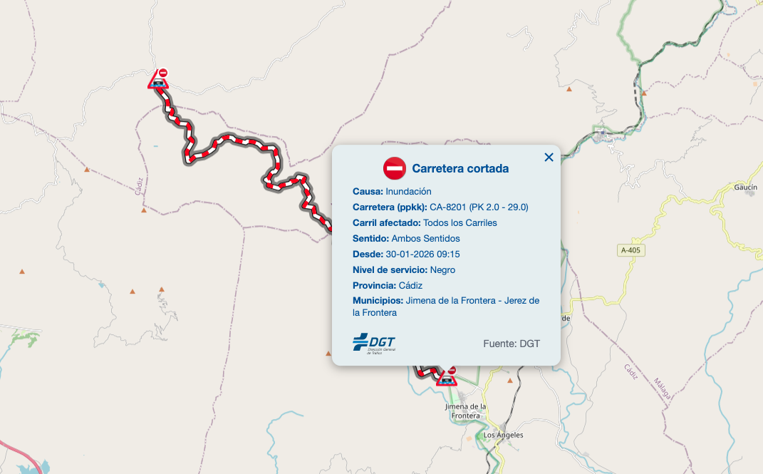 Captura de Pantalla a la página web de la DGT. Dos carreteras del Campo de Gibraltar permanecen cortadas por el temporal