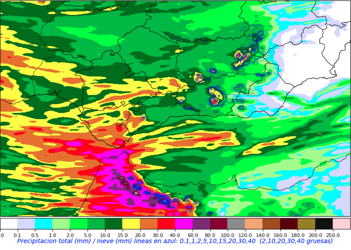 El Campo de Gibraltar se prepara para unas lluvias históricas por la borrasca 'Leonardo'. Foto de la precipitación que se espera para este miércoles, por la Agencia Estatal de Meteorología.