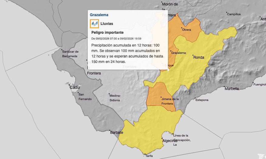 La Aemet activa la alerta naranja por lluvias en Jimena y Tesorillo para este lunes 9 de febrero