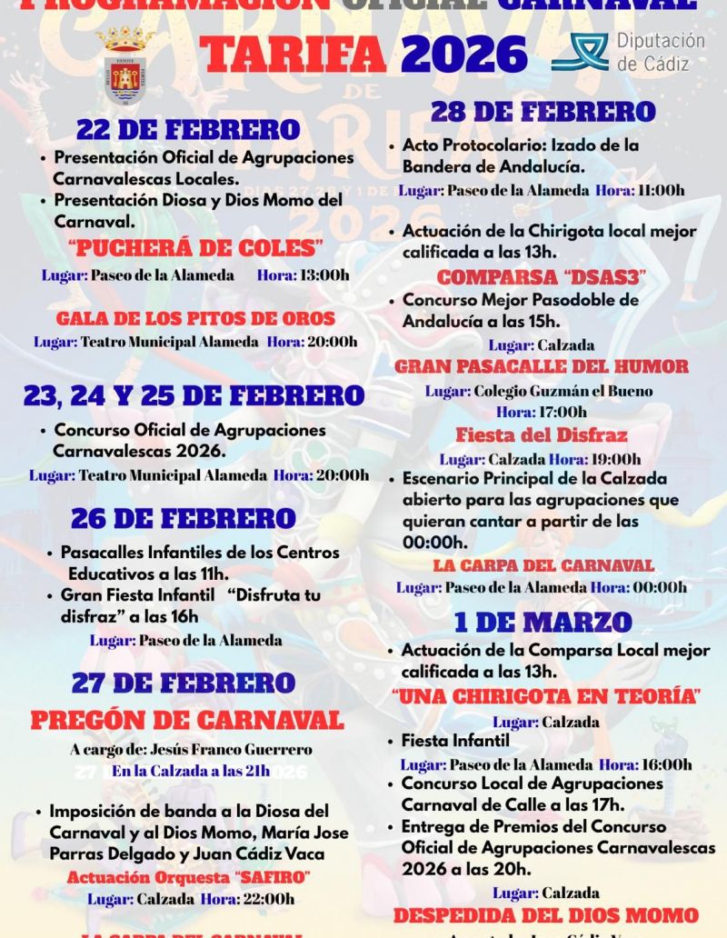 Programación completa del Carnaval de Tarifa 2026. 