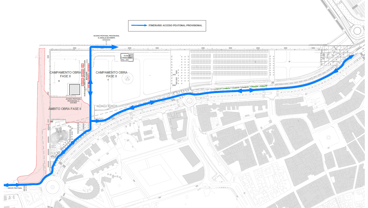 Obras Lago Fase II desvío peatones simplificado. Titular: La APBA activa los desvíos provisionales para los peatones con motivo de las obras de la Fase 2 del Lago Marítimo. 