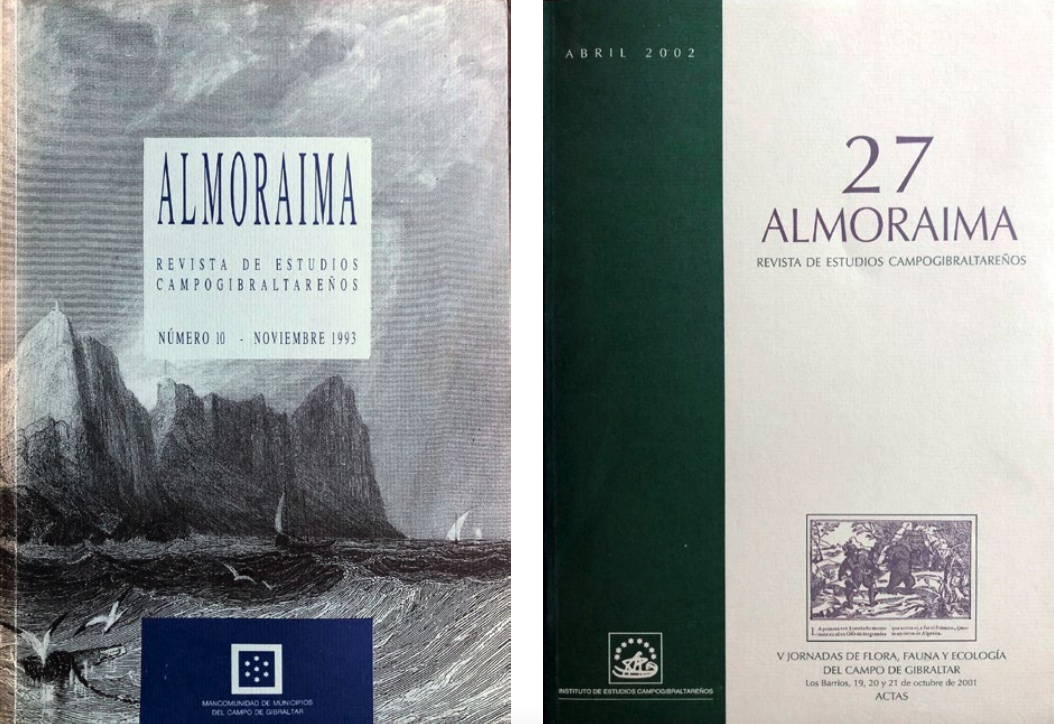 Lámina 9. Portadas de Almoraima números 10 (1993) y 27 (2002), cuando cambió su diseño