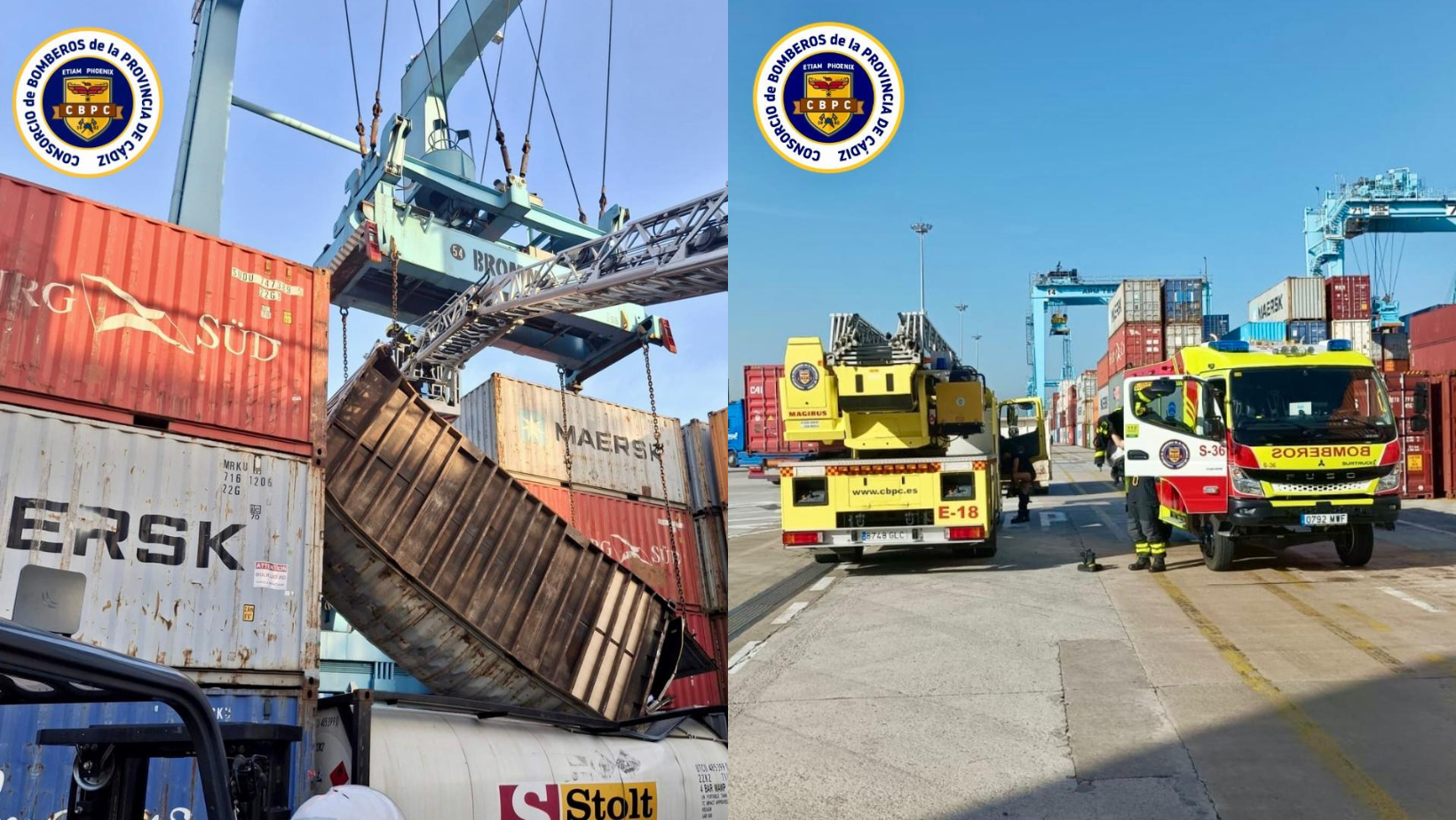 Bomberos intervienen en el puerto de Algeciras tras la caída de contenedores con sustancias químicas Bomberos intervienen en el puerto de Algeciras tras la caída de contenedores con sustancias químicas