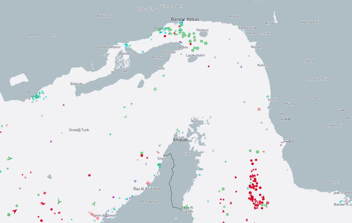 Situación actual (martes 3 de marzo) del tráfico marítimo por el Estrecho de Ormuz. Situación actual (martes 3 de marzo) del tráfico marítimo por el Estrecho de Ormuz.
