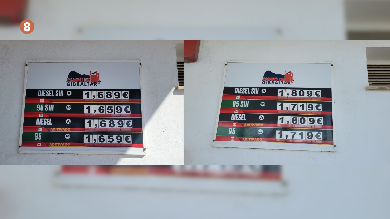 8Directo. Imagen comparativa de los precios de los carburantes el lunes 9 y el jueves 12 de marzo. El gasoil llega a 1,90 euros por litro en algunas estaciones del Campo de Gibraltar