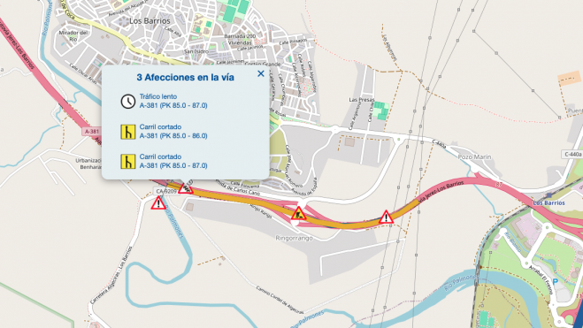 Retenciones en la A-381 de Los Barrios sentido Algeciras. DGT.