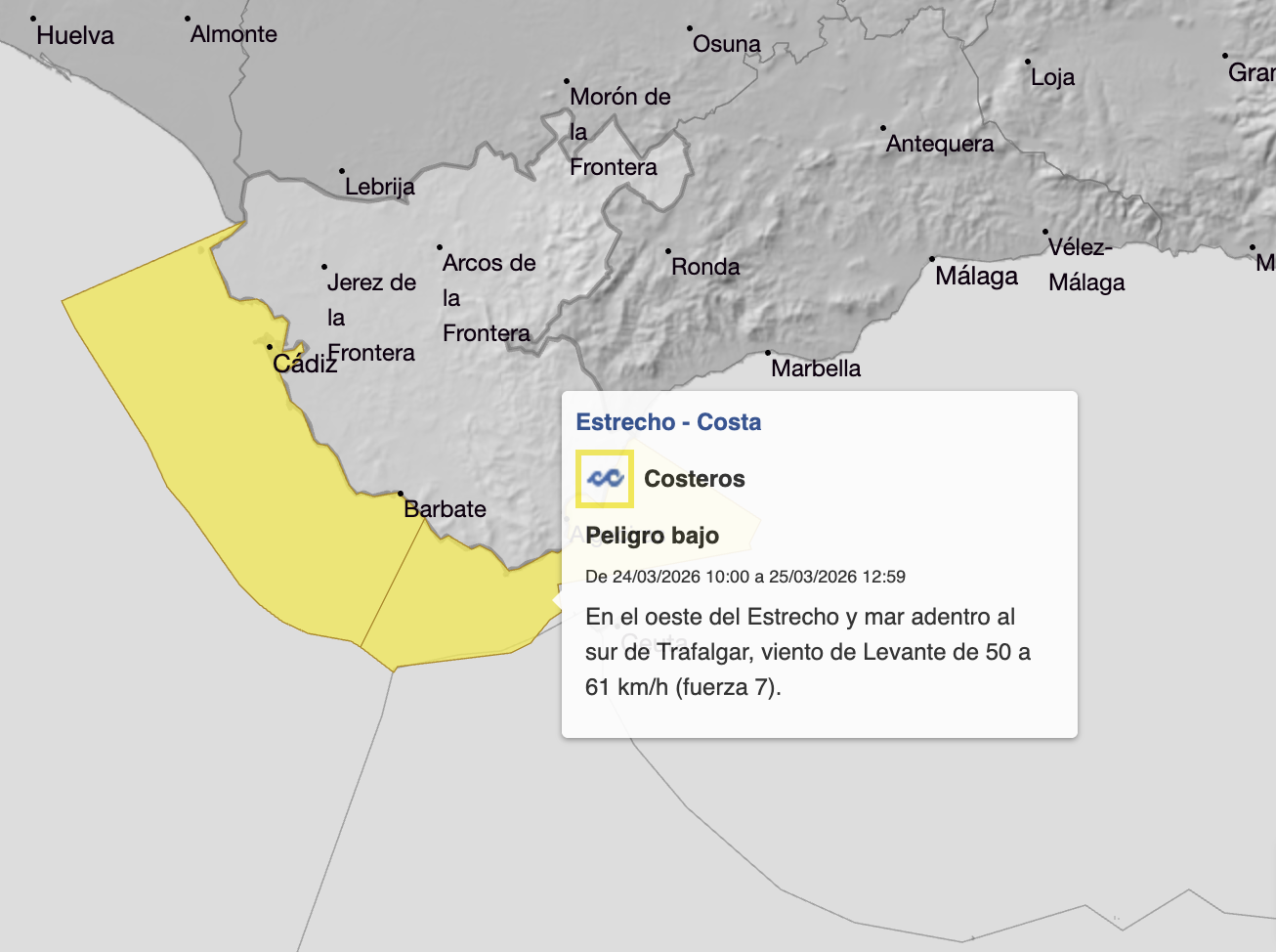 Aviso amarillo este miércoles en el Estrecho por oleaje y con rachas máximas de hasta 61 kilómetros por hora Aviso amarillo este miércoles en el Estrecho por oleaje y con rachas máximas de hasta 61 kilómetros por hora