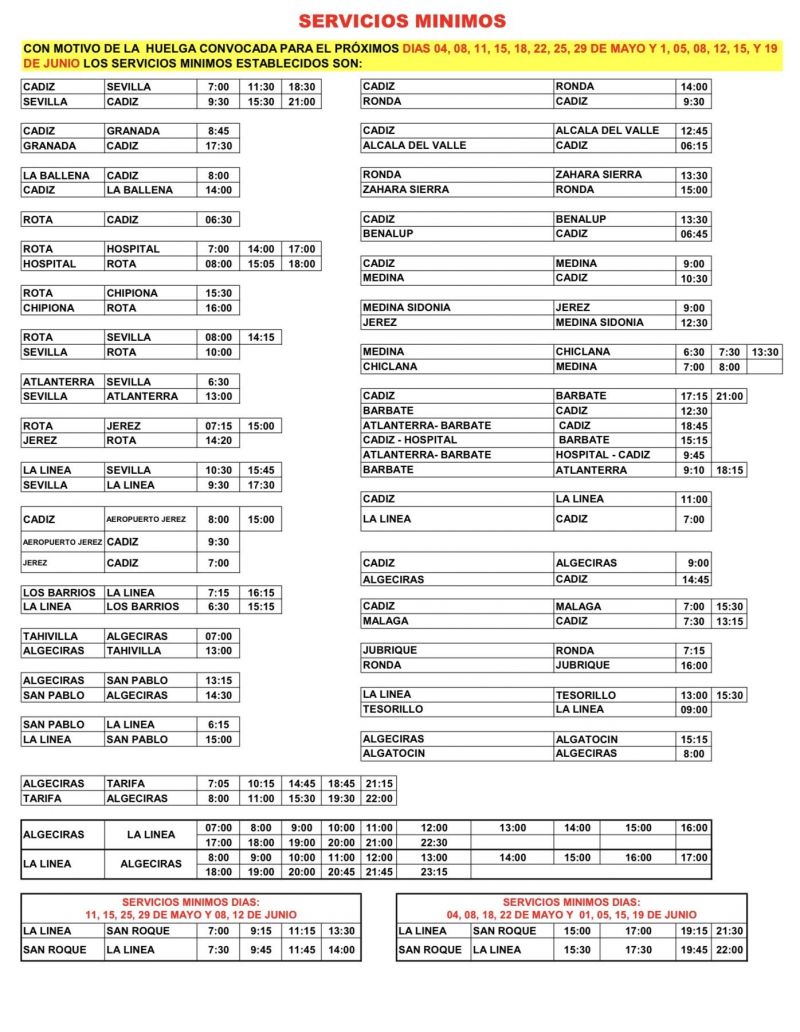 Servicios mínimos programados con motivo del calendario de movilizaciones de Comes a partir del 4 de mayo. 