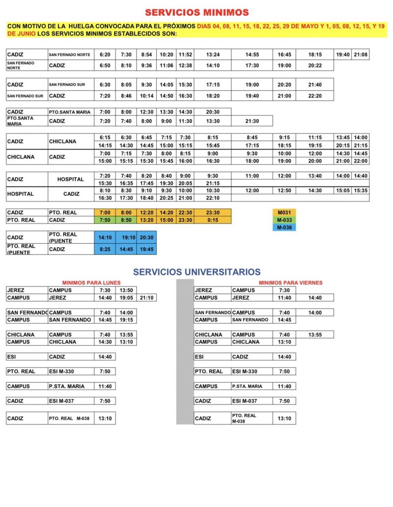 Servicios mínimos programados con motivo del calendario de movilizaciones de Comes a partir del 4 de mayo. 