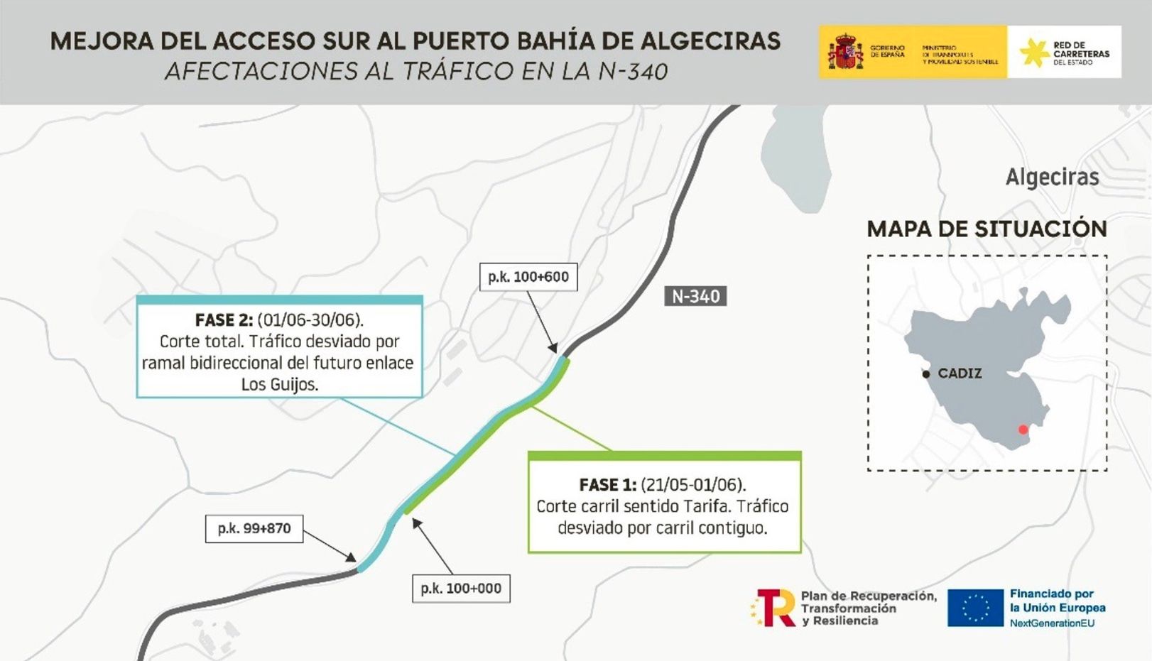 Plano de desvíos en la N-340 por las obras del acceso sur al Puerto de Algeciras. - MINISTERIO DE TRANSPORTES