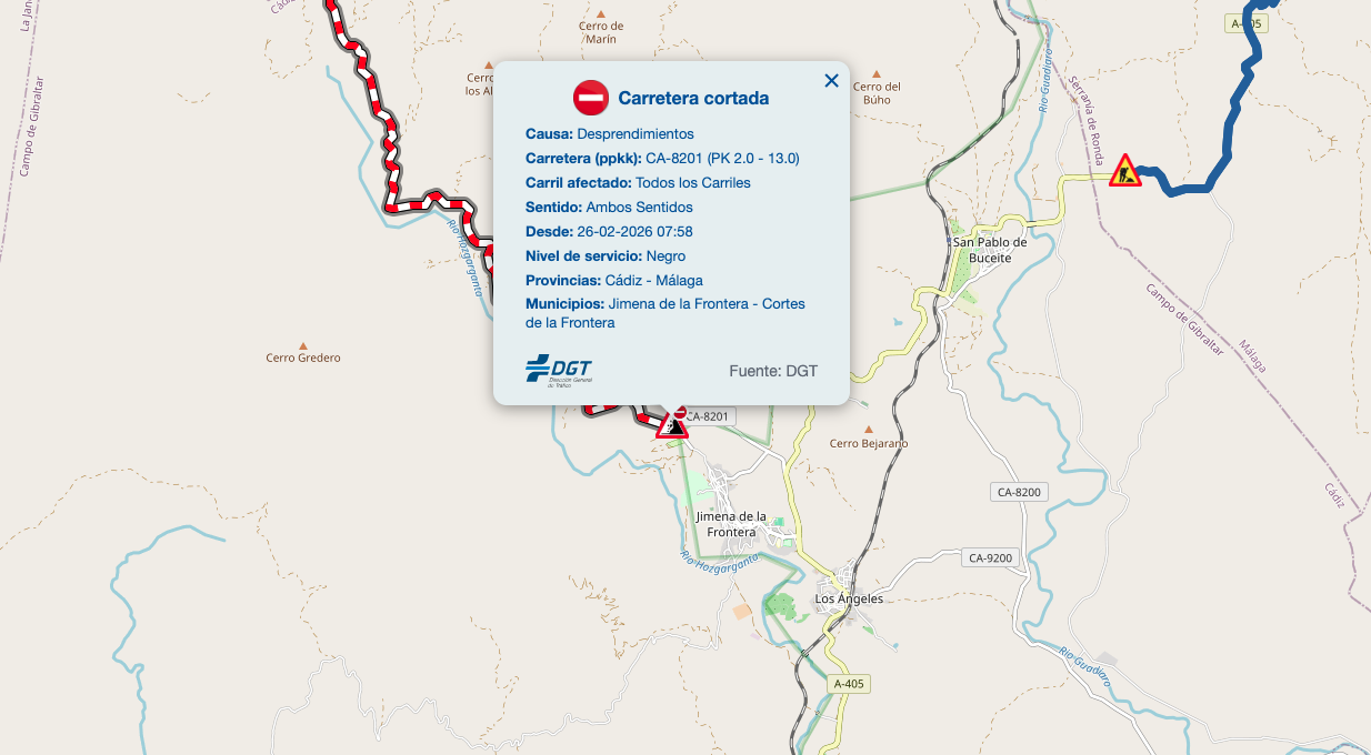 Captura de Pantalla del corte de la carretera. Una carretera de Jimena continúa cerrada al tráfico por daños provocados tras las borrascas 