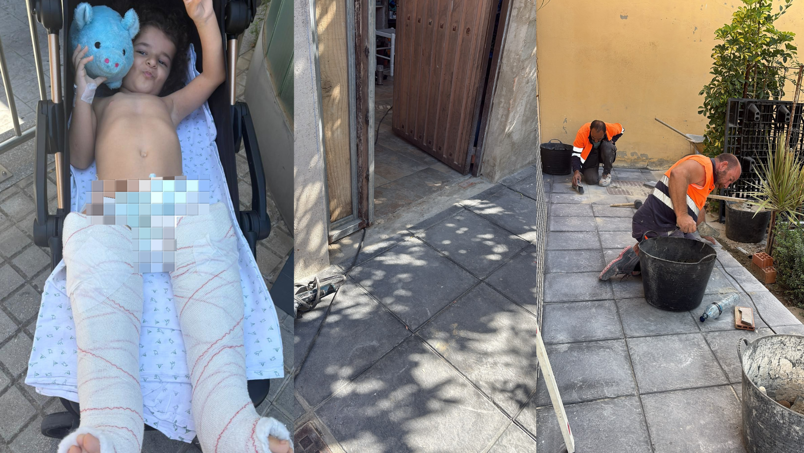 Imágenes de la obra concluida y los operarios trabajando en la rampa. Ana, la sanroqueña con huesos de cristal, ya tiene la rampa de acceso a su vivienda
