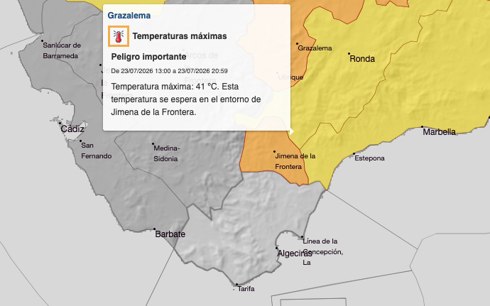Captura de pantalla del aviso naranja en Jimena por temperaturas máximas de 41 grados.